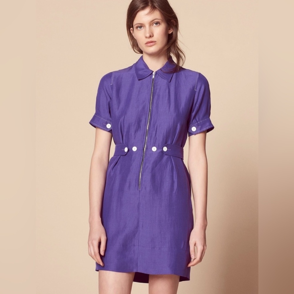 Sandro Paris Women Shirt Dress Purple Collar Short Sleeve Viscose-Linen Size 4-6
